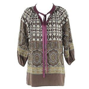Karen Kane $139 Sz S Brown Purple Multi 100% Silk Ribbon Tie Boho Top
